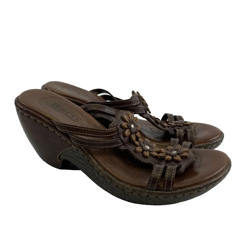 Born Brown Leather Floral Cut Out Slide Wedge Sandal Studded Heel Womens 7